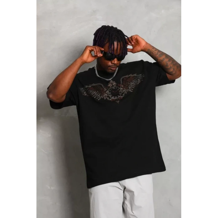 Unisex Oversize Taşlı Bisiklet Yaka T-Shirt - Siyah