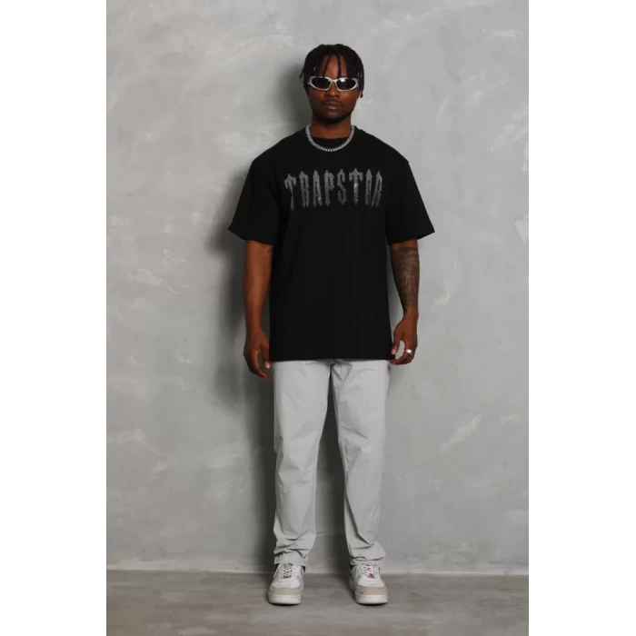 Unisex Oversize Taşlı Bisiklet Yaka T-Shirt - Siyah