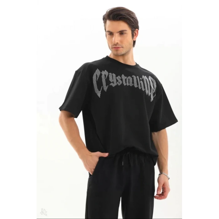 Unisex Oversize Taşlı T-Shirt - Siyah