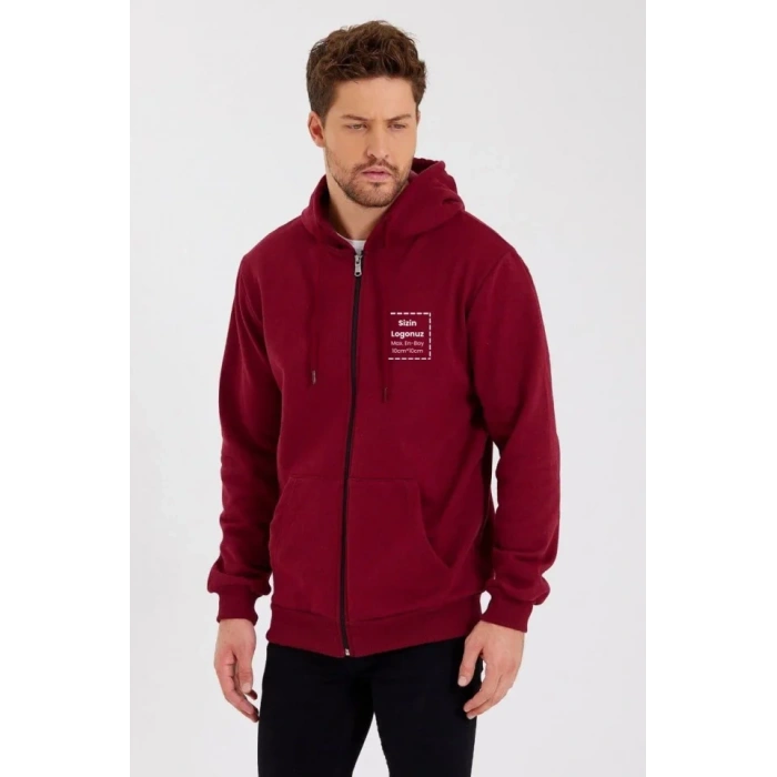 Unisex Tam Fermuarlı Kapşonlu Özel Tasarım SweatShirt - Bordo