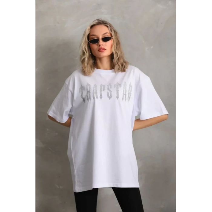 Unisex Taş Desenli Oversize T-Shirt - Beyaz