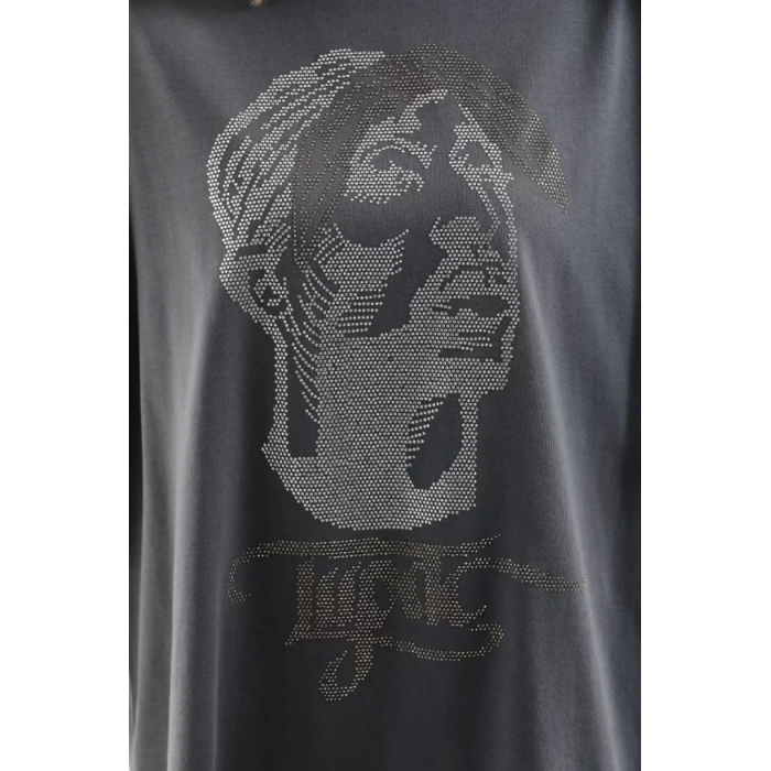 Unisex Taş Desenli Oversize T-Shirt - Füme