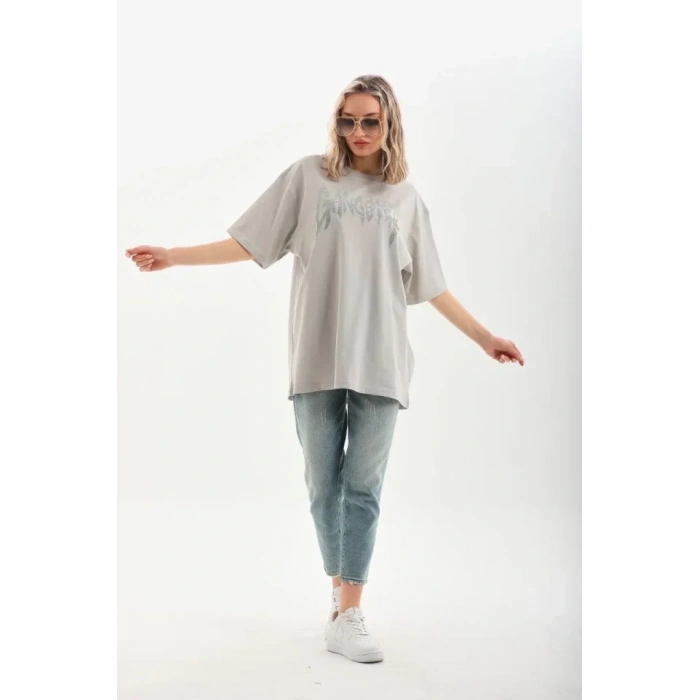 Unisex Taş Desenli Oversize T-Shirt - Gri