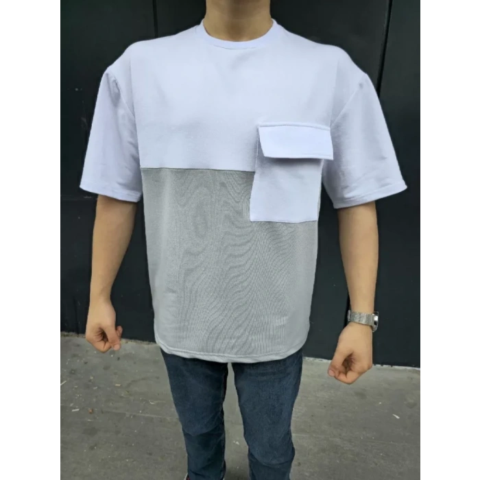 Unisex Torba Cep Detaylı Parçalı T-Shirt - Gri