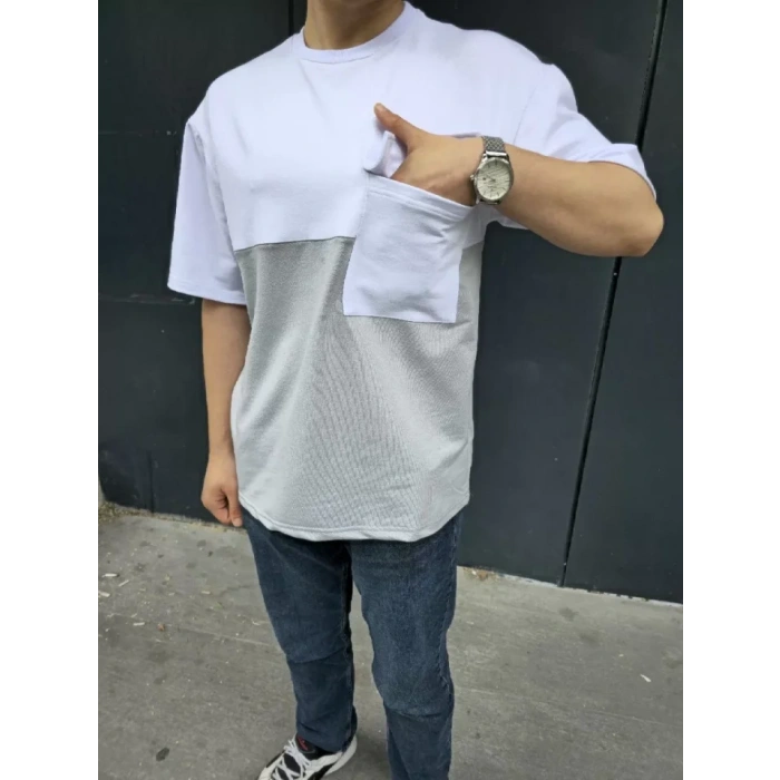 Unisex Torba Cep Detaylı Parçalı T-Shirt - Gri
