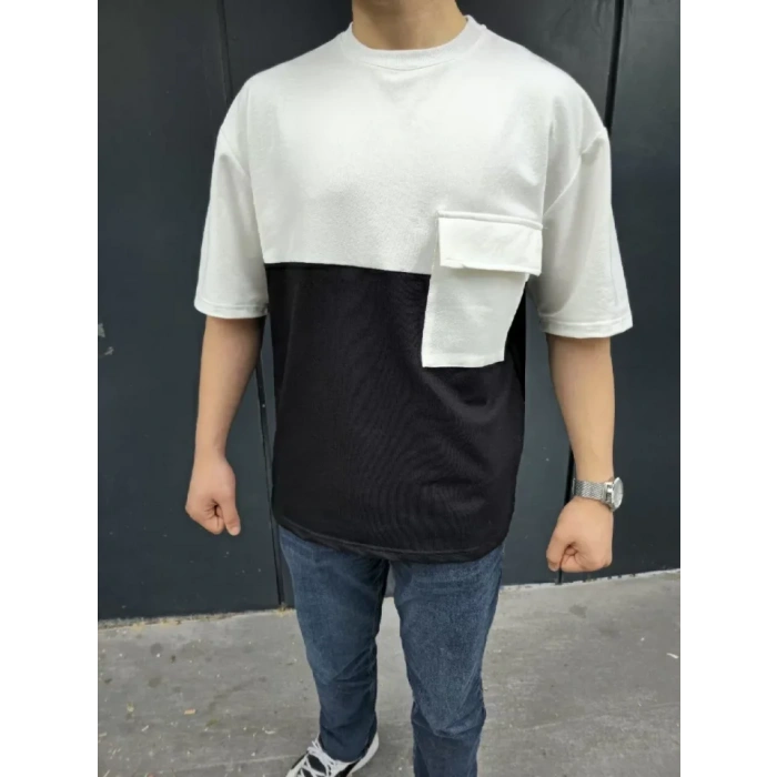 Unisex Torba Cep Detaylı Parçalı T-Shirt - Siyah