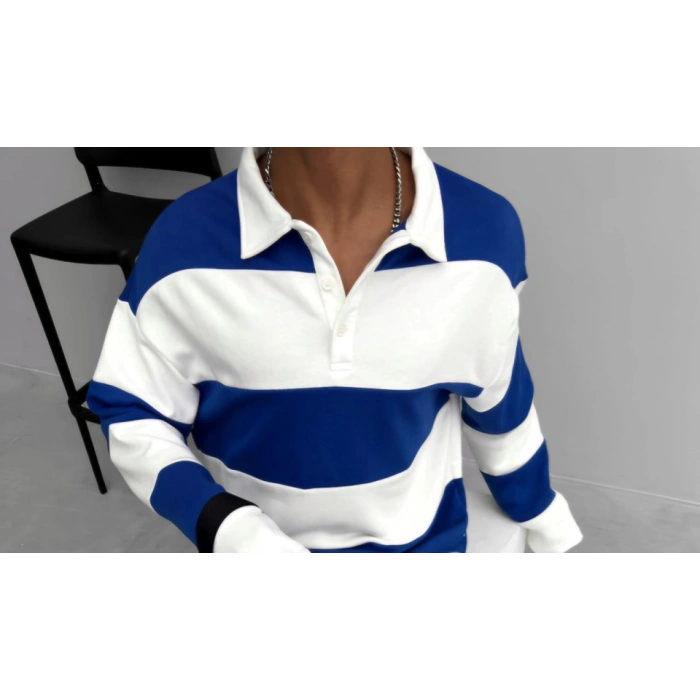 Unisex Üç İplik Parçalı Yakalı SweatShirt - Mavi