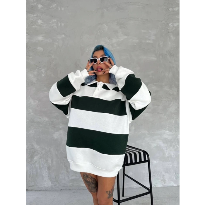 Unisex Üç İplik Parçalı Yakalı SweatShirt - Yeşil