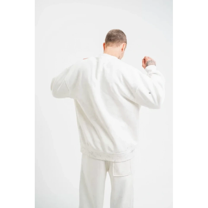 Unisex Uzun Kol Bisiklet Yaka Yıkamalı SweatShirt - Beyaz