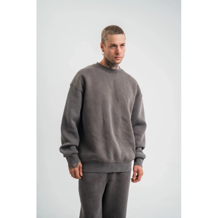 Unisex Uzun Kol Bisiklet Yaka Yıkamalı SweatShirt - Füme