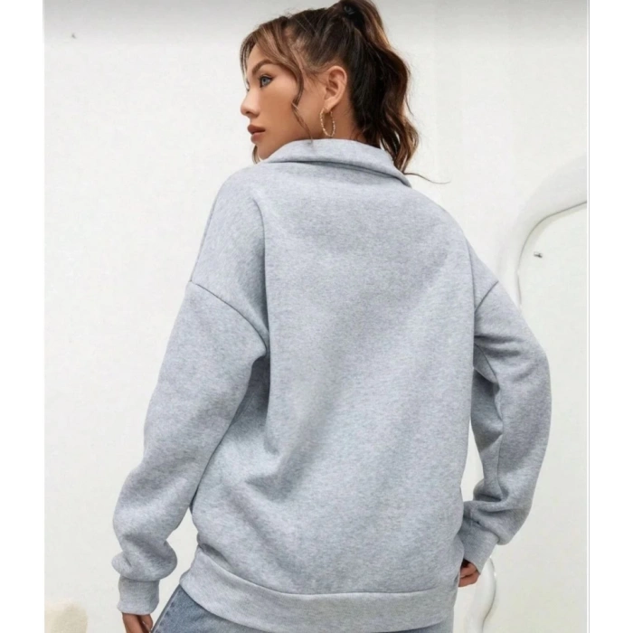 Unisex Uzun Kol Yarım Farmuarlı Yakalı Basic SweatShirt - Gri