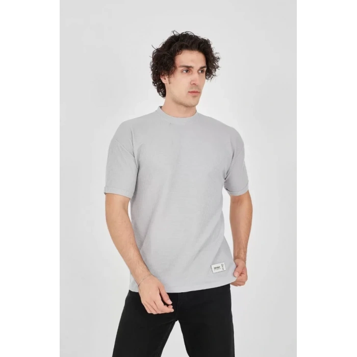 Unisex Waffle Kumaş Rahat Kol T-Shirt - Boyalı Gri