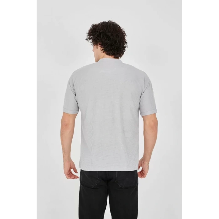 Unisex Waffle Kumaş Rahat Kol T-Shirt - Boyalı Gri