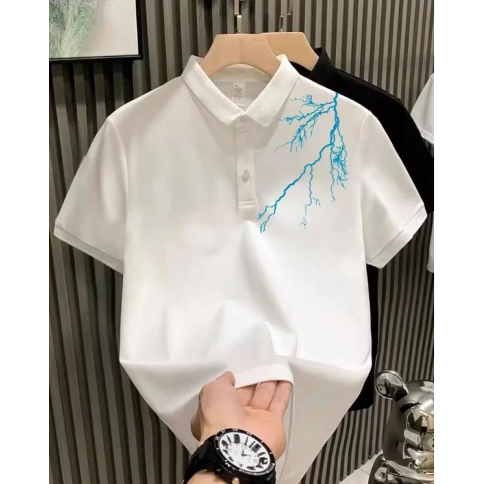 Unisex Yakası Düğmeli Oversize Baskılı T-Shirt - Beyaz