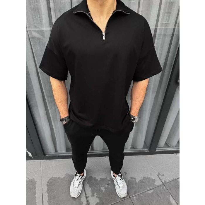 Unisex Yarım Fermuarlı Basic T-Shirt - Siyah