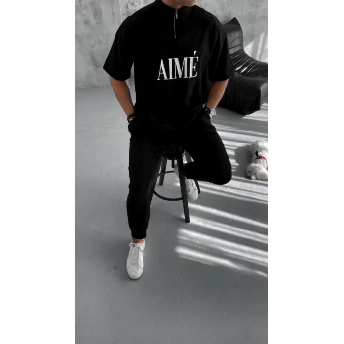 Unisex Yarım Fermuarlı Baskılı T-Shirt - Siyah