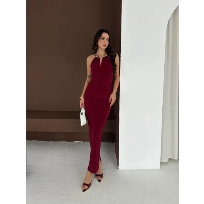 Uzun Abiye Elbise Yırtmaçlı Sırt Dekolteli Şık Gece Elbisesi - Bordo