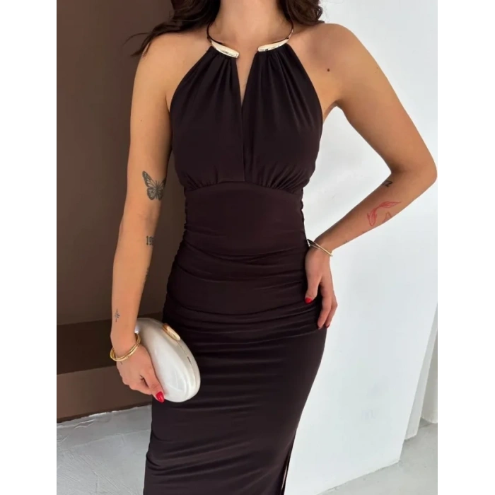 Uzun Abiye Elbise Yırtmaçlı Sırt Dekolteli Şık Gece Elbisesi - Kahverengi