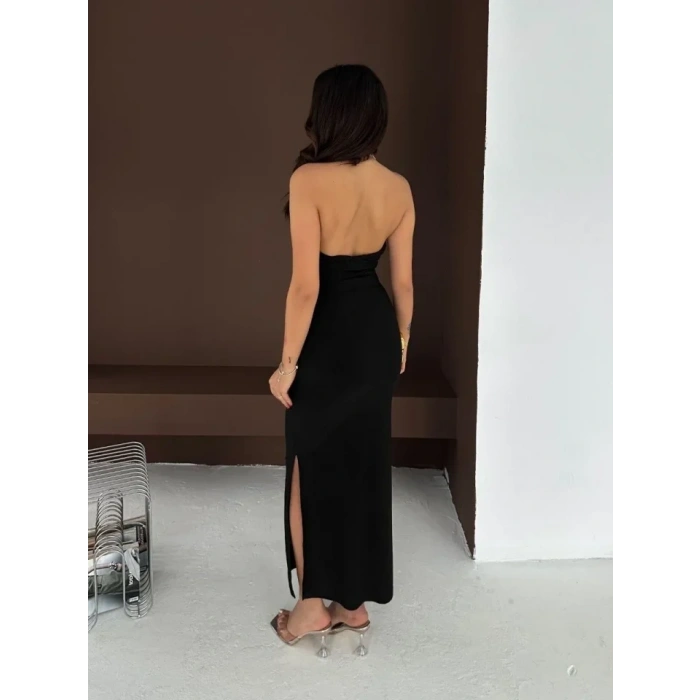 Uzun Abiye Elbise Yırtmaçlı Sırt Dekolteli Şık Gece Elbisesi - Siyah