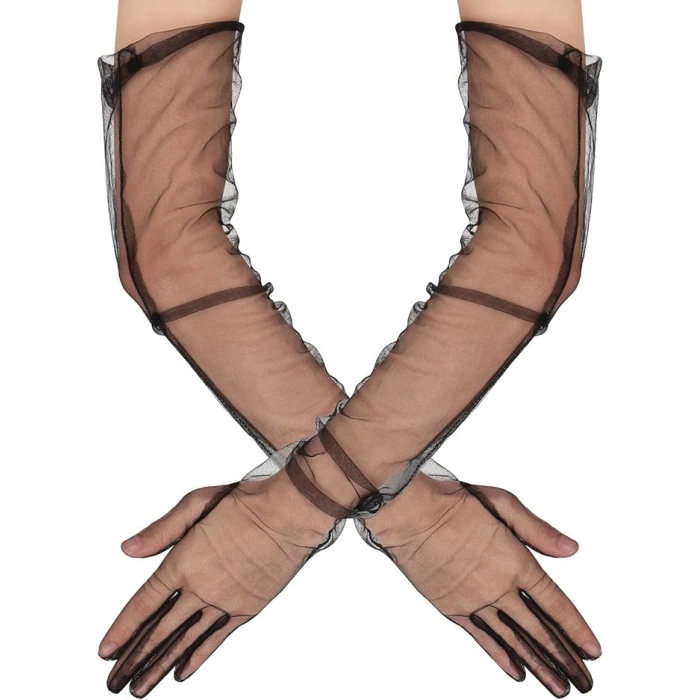 Uzun Boy Likralı Siyah Renk Yetişkin Mega Tül Eldiven 53 cm (4940)