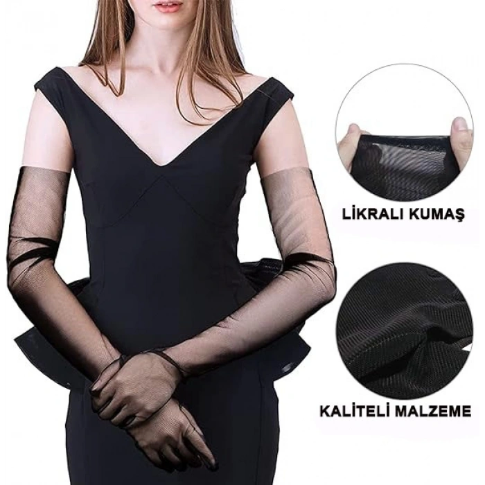 Uzun Boy Likralı Siyah Renk Yetişkin Mega Tül Eldiven 53 cm (4940)