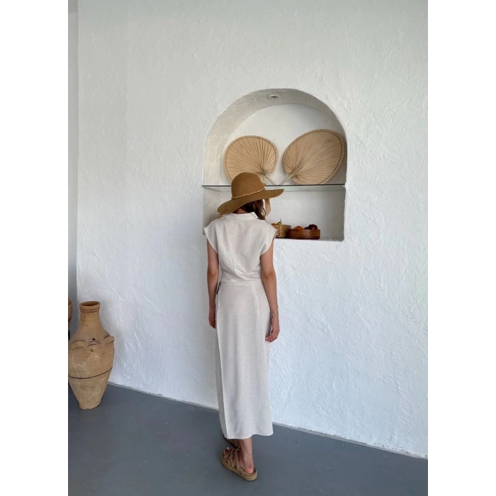 Uzun etekli bluz takım keten krem s255852