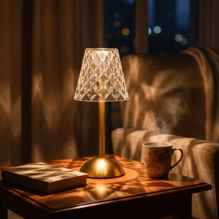 Uzun Klasik Şeffaf Baklava Model LED Masa Lambası – Dokunmatik, 3 Renk Işık Modlu, Şarjlı Dekoratif Gece Lambası (4940)