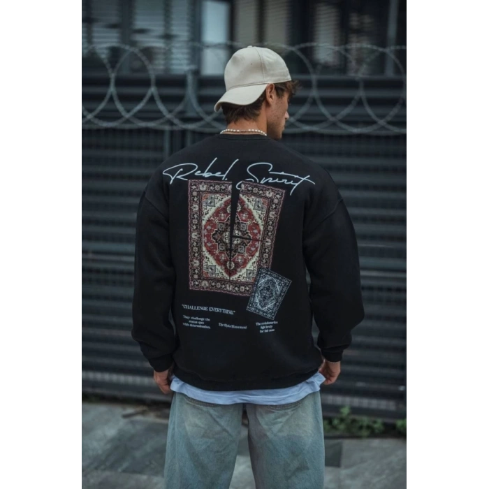 Uzun Kol Bisiklet Yaka Baskılı SweatShirt - Siyah