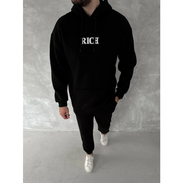 Uzun Kol Kapşonlu Göğüs Baskılı SweatShirt - Siyah