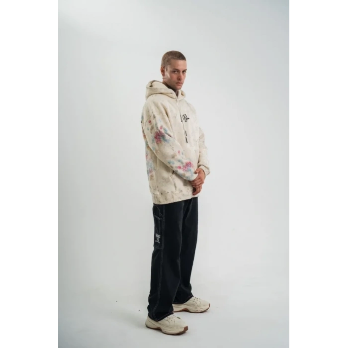 Uzun Kol Kapşonlu Yıkamalı Baskılı SweatShirt - Krem