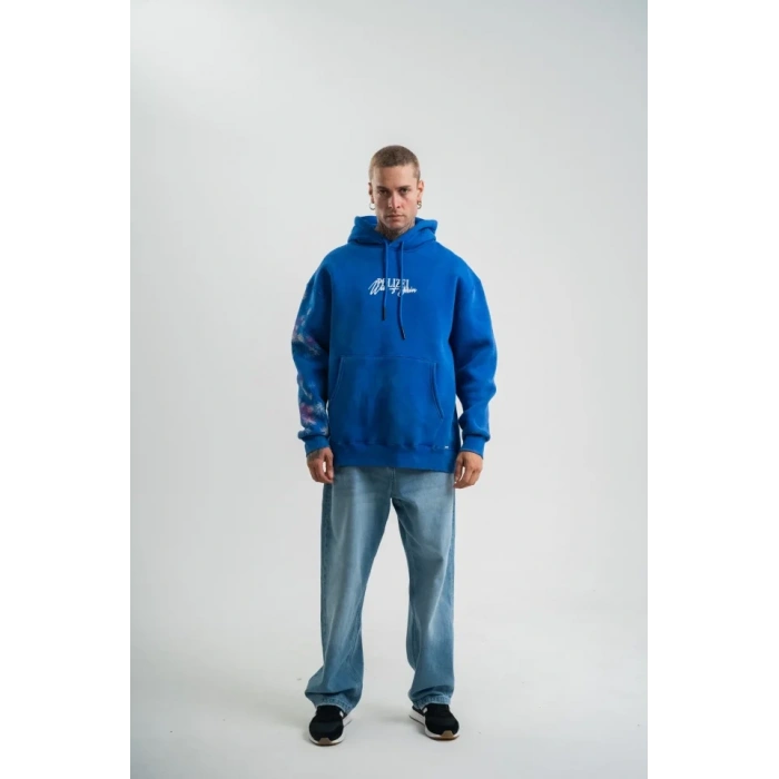 Uzun Kol Kapşonlu Yıkamalı Baskılı SweatShirt - Mavi