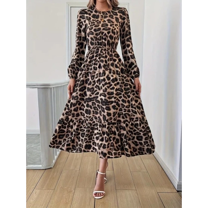 Uzun Kollu Bisiklet Yaka Leopar Desenli Midi Süprem Elbise