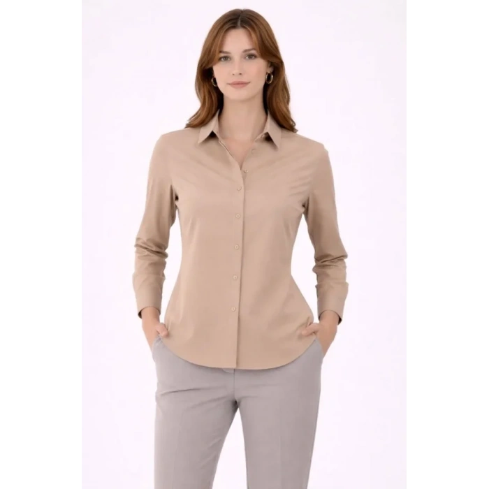 Uzun Kollu Gömlek Düğmeli Klasik Yaka Günlük Ve Ofis Şıklığına Uygun - Bej