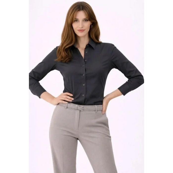 Uzun Kollu Gömlek Düğmeli Klasik Yaka Günlük Ve Ofis Şıklığına Uygun - Füme