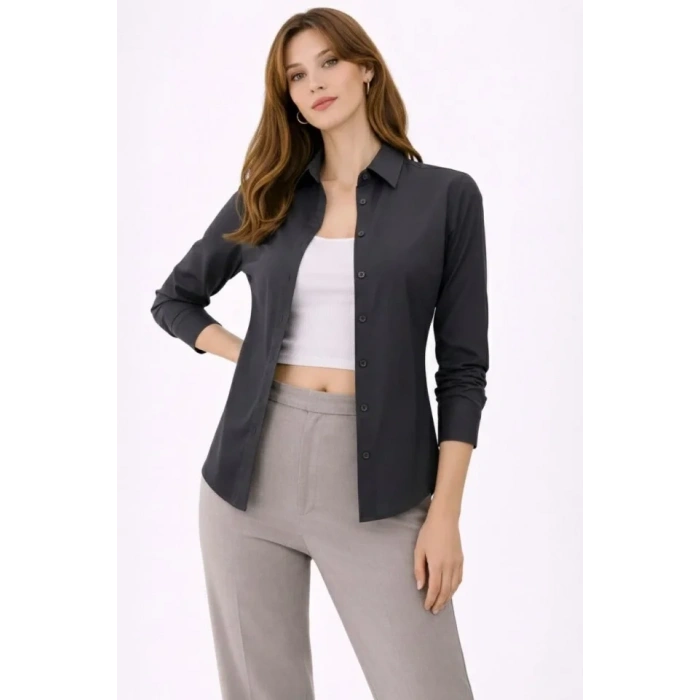 Uzun Kollu Gömlek Düğmeli Klasik Yaka Günlük Ve Ofis Şıklığına Uygun - Füme