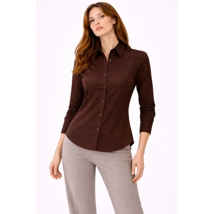 Uzun Kollu Gömlek Düğmeli Klasik Yaka Günlük Ve Ofis Şıklığına Uygun - Kahverengi