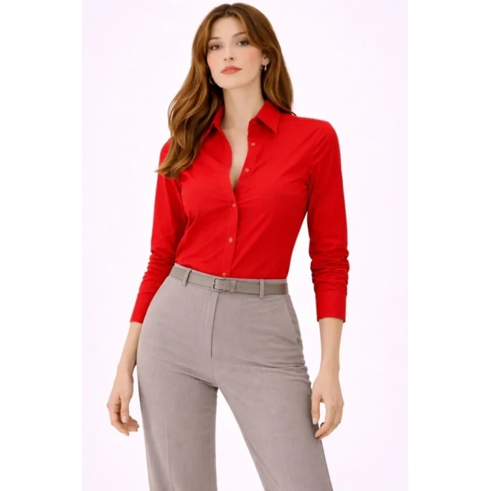 Uzun Kollu Gömlek Düğmeli Klasik Yaka Günlük Ve Ofis Şıklığına Uygun - Kırmızı
