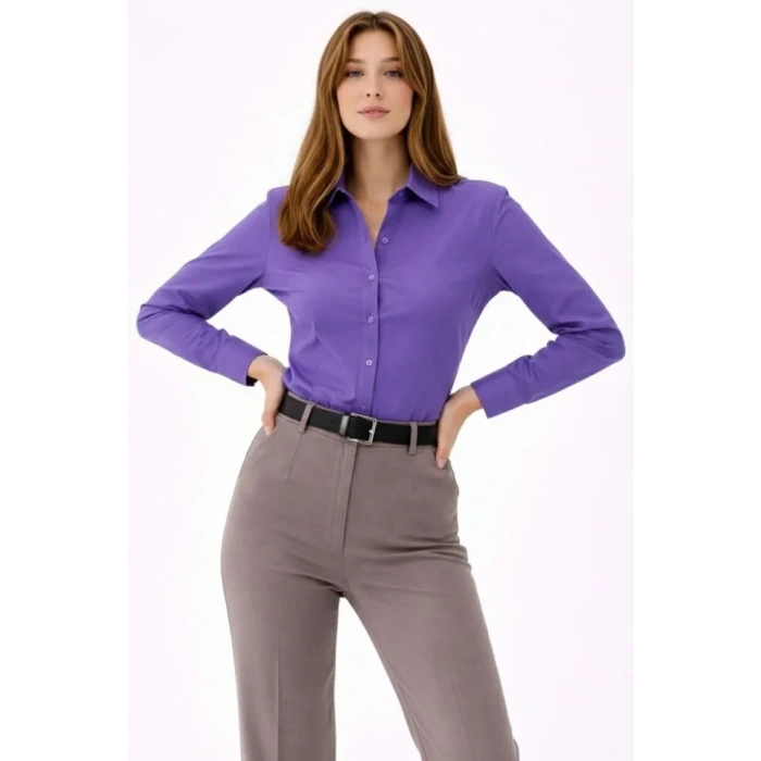 Uzun Kollu Gömlek Düğmeli Klasik Yaka Günlük Ve Ofis Şıklığına Uygun - Mor