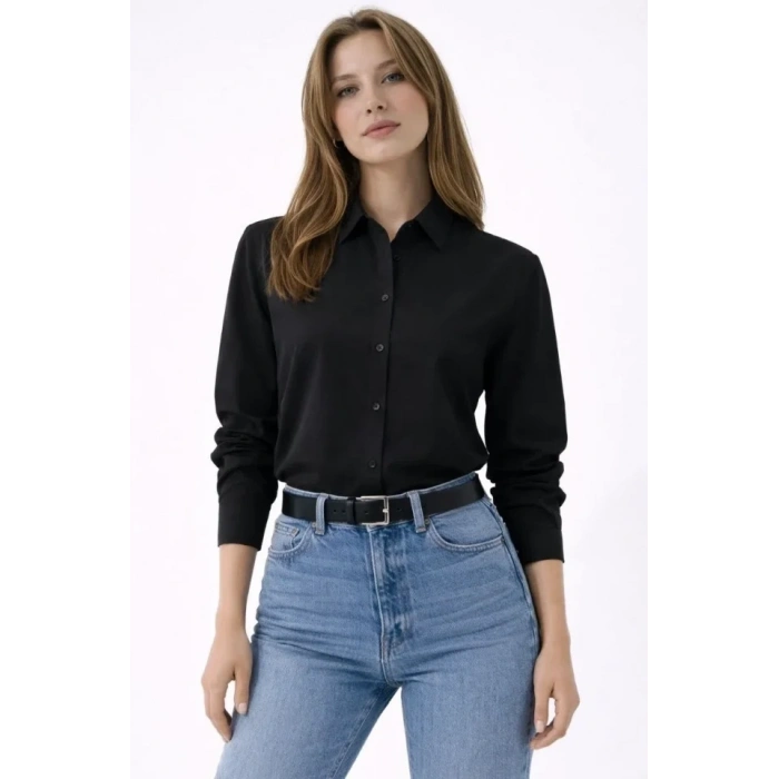 Uzun Kollu Gömlek Düğmeli Klasik Yaka Günlük Ve Ofis Şıklığına Uygun - Siyah