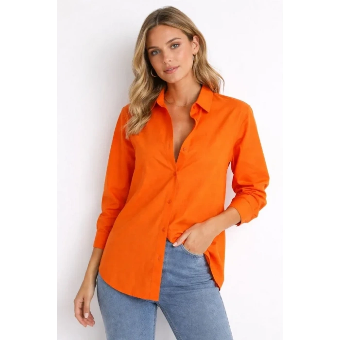Uzun Kollu Gömlek Düğmeli Klasik Yaka Günlük Ve Ofis Şıklığına Uygun - Turuncu