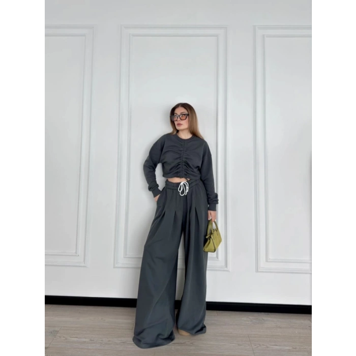 Uzun Kollu Önü İp Büzgülü Crop Ve Pantolon İkili Takım - Antrasit