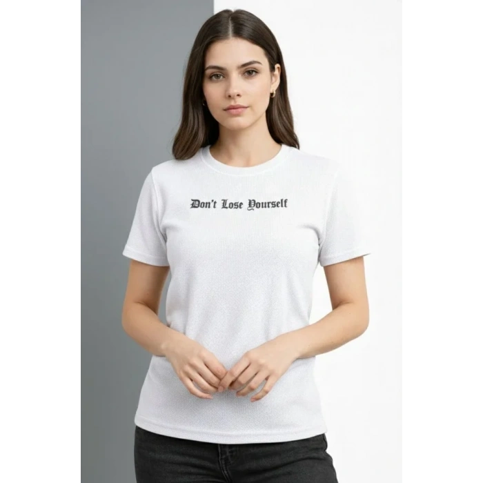 Wafıl Kumaş Tişört Regular Kalıp Bisiklet Yaka Baskılı Günlük Basic T-Shirt - Beyaz