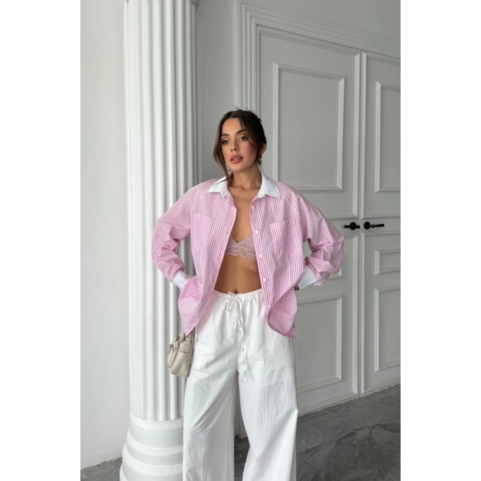 YAKA VE MANŞET BEYAZBOYFRİEND ÇİZGİLİPOPLİN GÖMLEK - Pembe