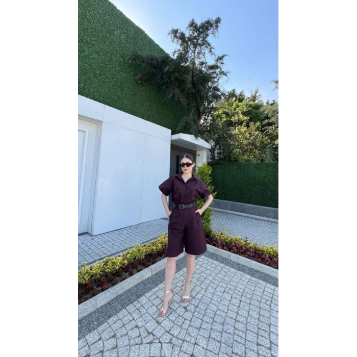 Yakalı Gömlek Kemerli Şortlu Takım - Bordo