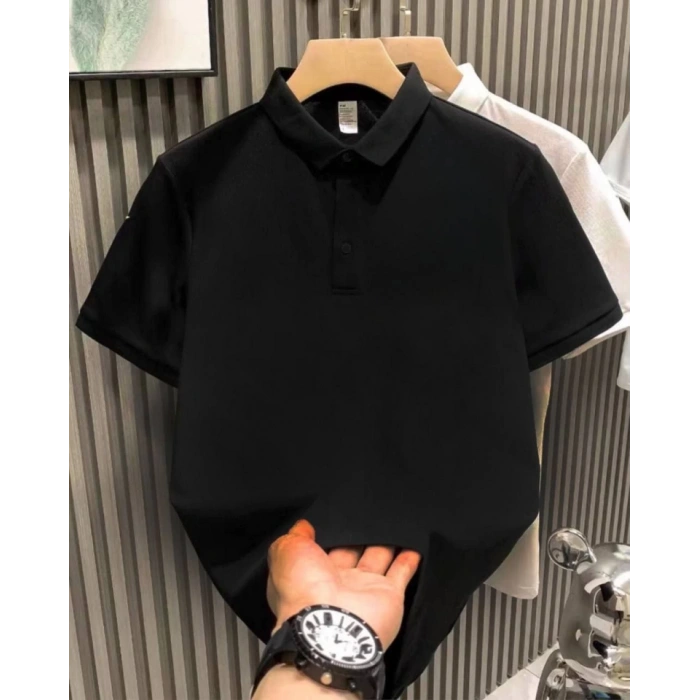 Yakası Düğmeli Yakalı Pike Düz T-Shirt - Siyah