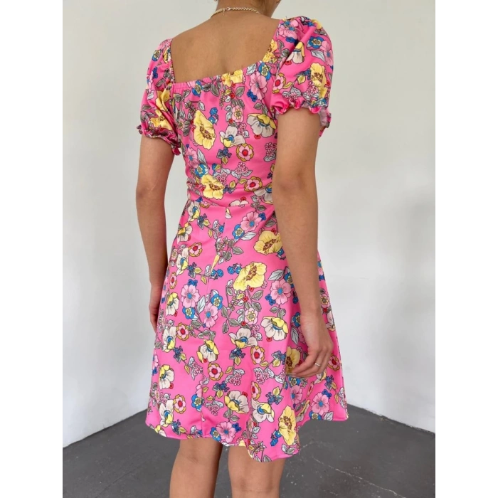 Yakası Lastikli Bağcık Detaylı Mini Elbise -Pembe