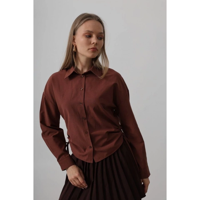 Yanları Bağlamalı Basic Gömlek - Koyu Kahve