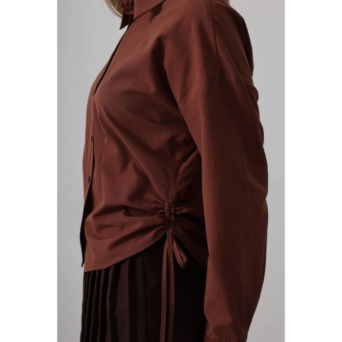 Yanları Bağlamalı Basic Gömlek - Koyu Kahve