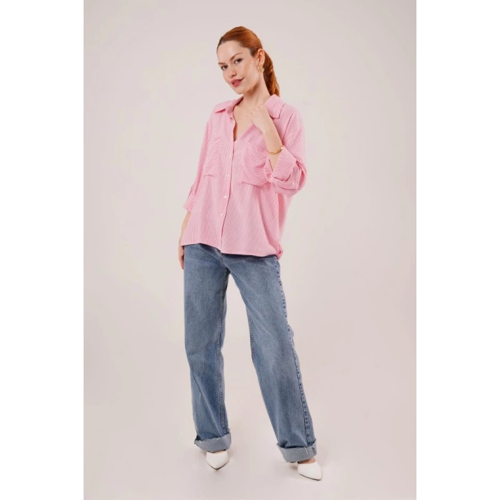 Yarasa Kol Çizgili Cep Detaylı Pembe Gömlek