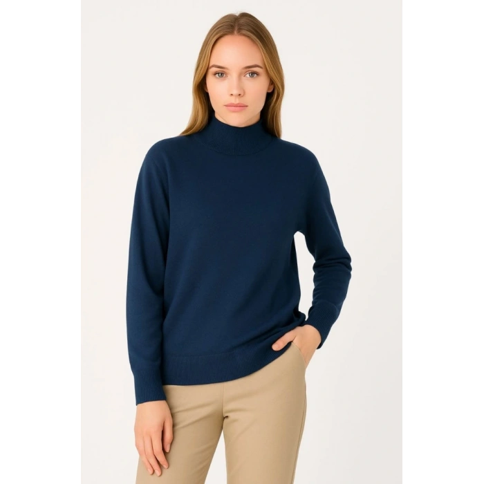 Yarım Boğaz Triko Kazak Yumuşak Dokulu Pamuklu Ince Dokuma, Uzun Kollu Rahat Regular Kalıp - Lacivert